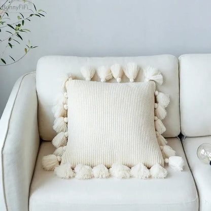Pink knit cushion cover with tassels living room pillow case