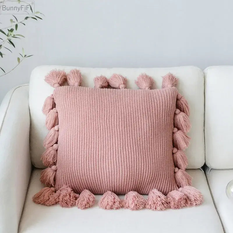 Pink knit cushion cover with tassels living room pillow case