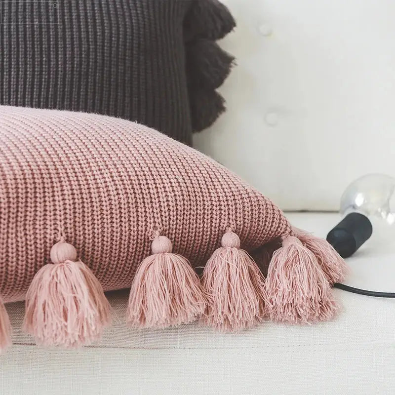 Pink knit cushion cover with tassels living room pillow case