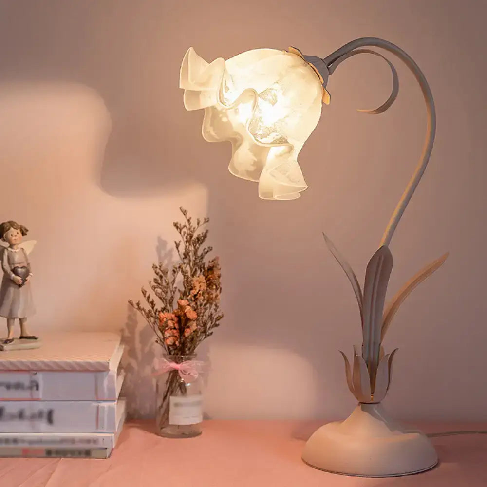 Pink lily cream glass flower table lamp bedroom nightstand light
