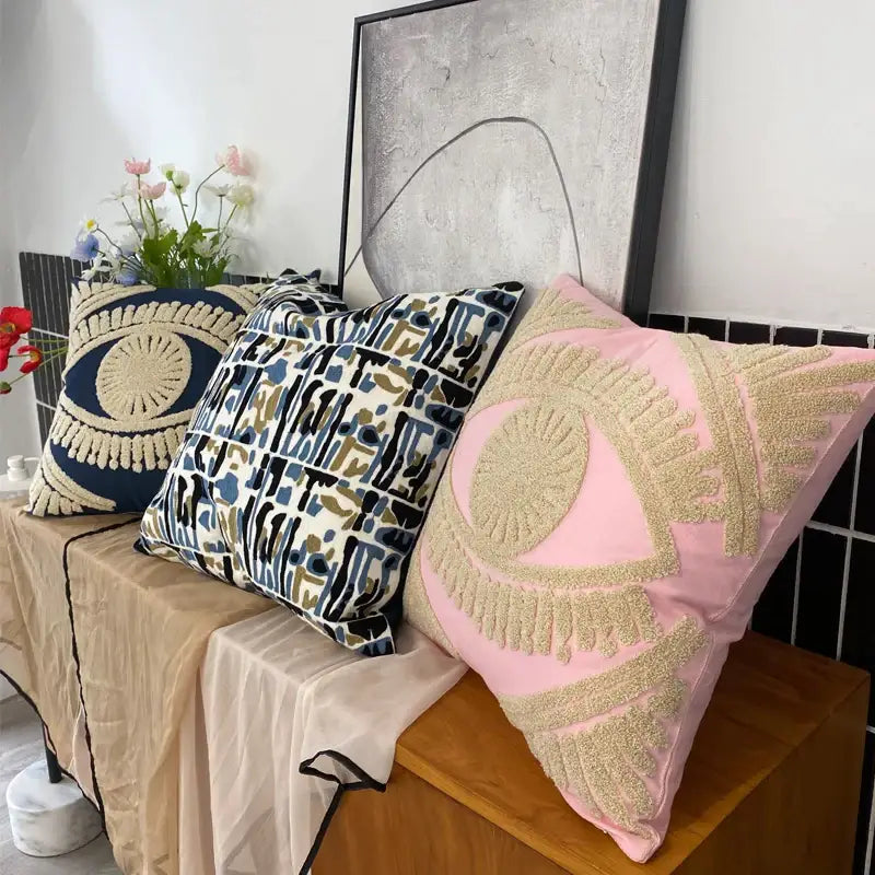 Pink & navy eye embroidered cotton throw pillow cover living room