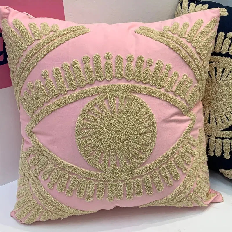 Pink & navy eye embroidered cotton throw pillow cover living room