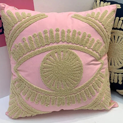 Pink & navy eye embroidered cotton throw pillow cover living room