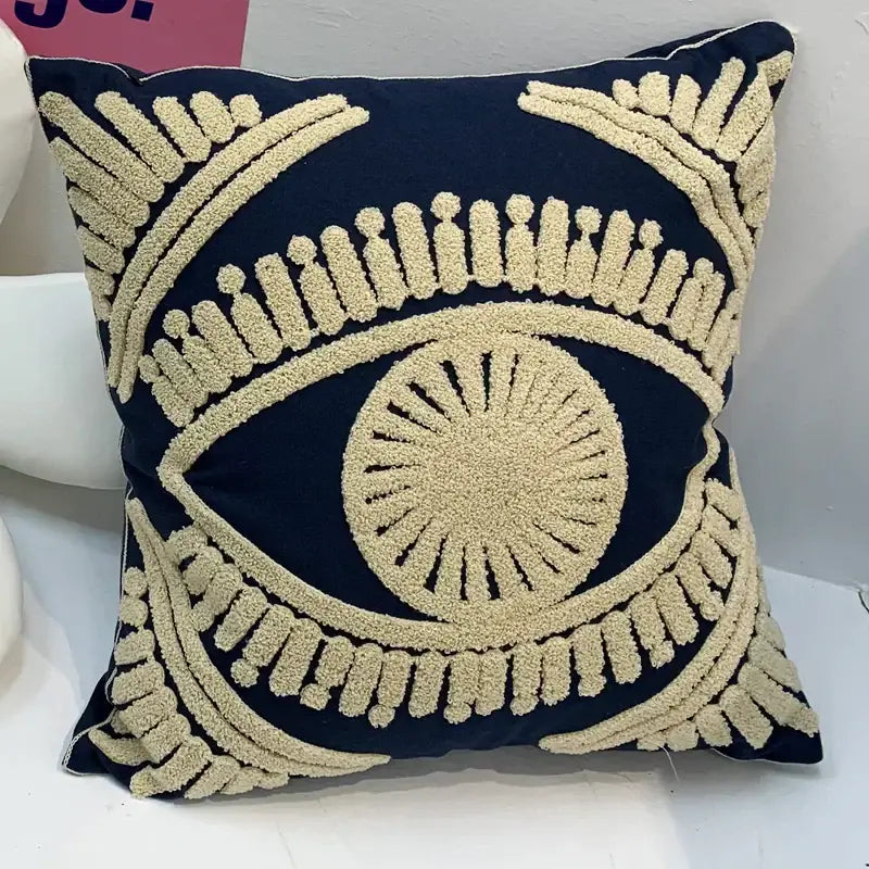 Pink & navy eye embroidered cotton throw pillow cover living room
