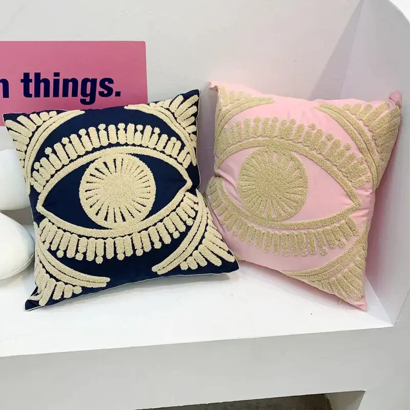 Pink & navy eye embroidered cotton throw pillow cover living room