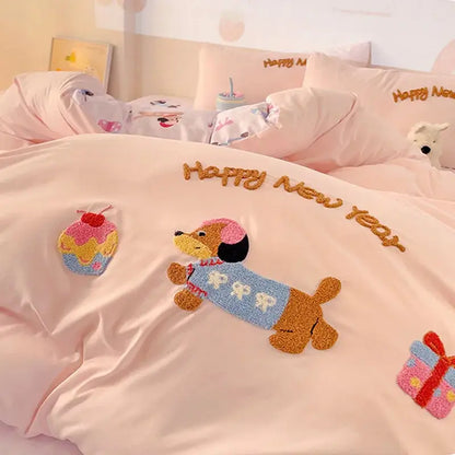 Pink new year dog cotton bedding set bedroom duvet cover