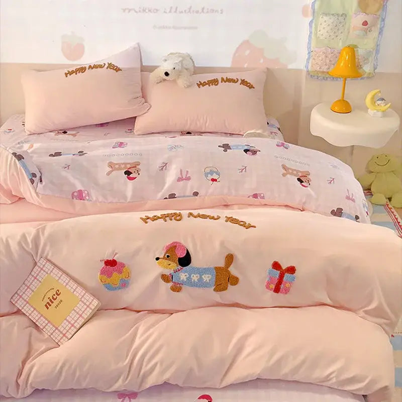 Pink new year dog cotton bedding set bedroom duvet cover