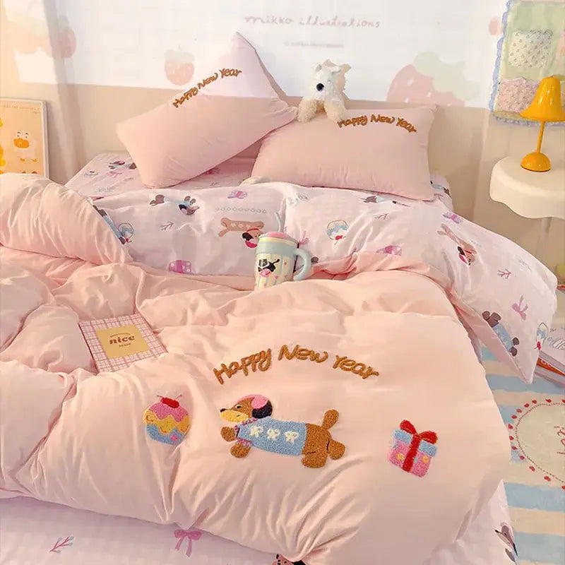 Pink new year dog cotton bedding set bedroom duvet cover