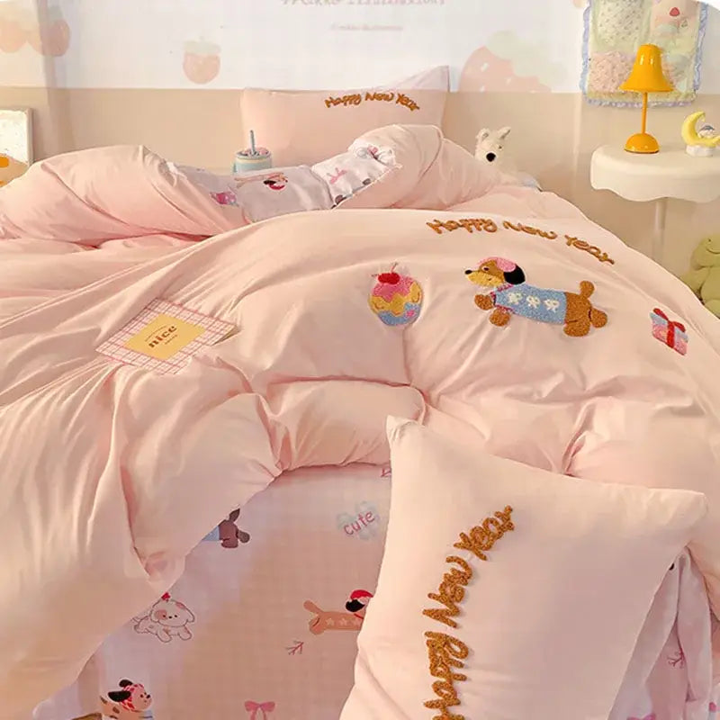 Pink new year dog cotton bedding set bedroom duvet cover
