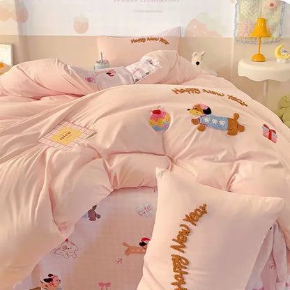 Pink new year dog cotton bedding set bedroom duvet cover