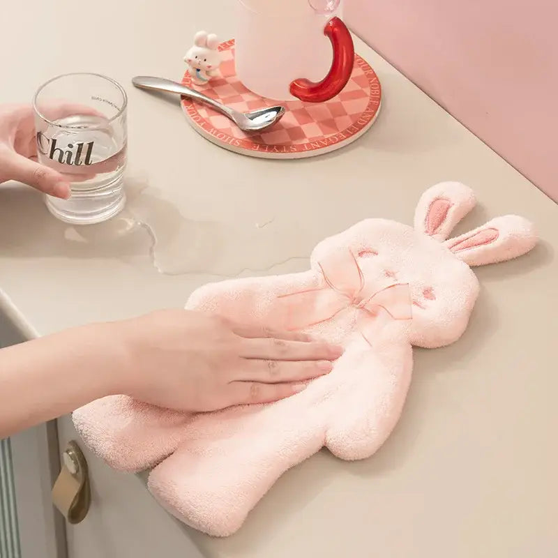 Pink plush cartoon rabbit hand towel for bathroom and kitchen