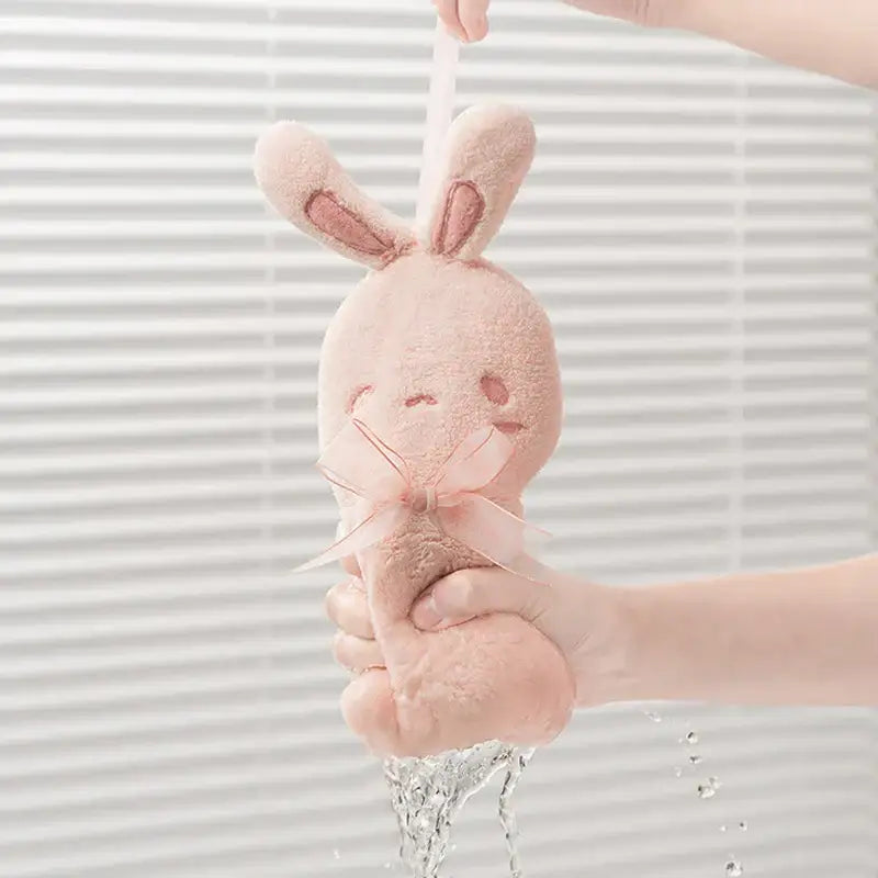 Pink plush cartoon rabbit hand towel for bathroom and kitchen