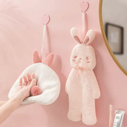 Pink plush cartoon rabbit hand towel for bathroom and kitchen