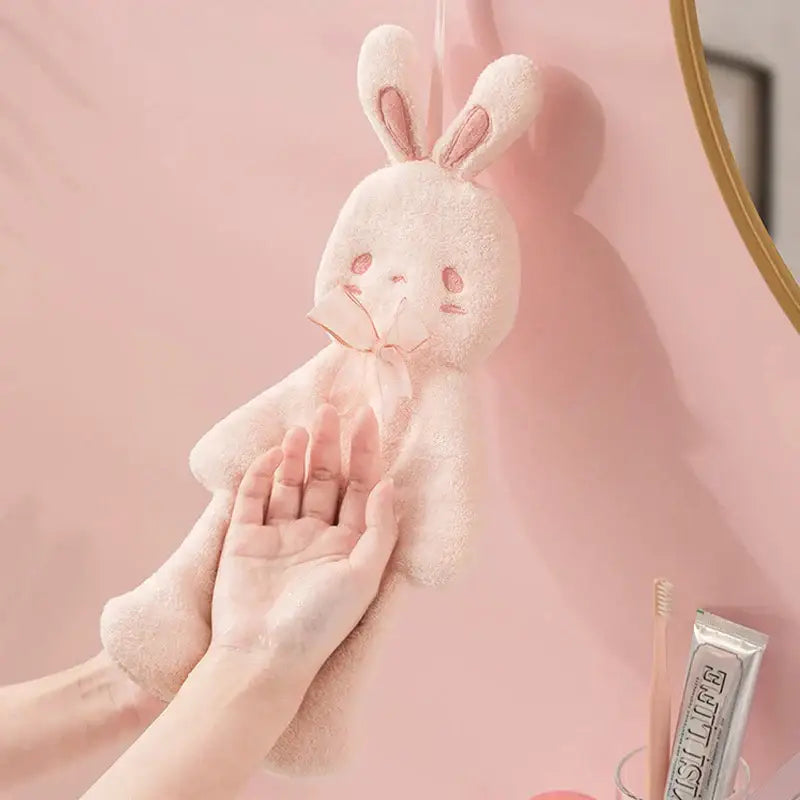 Pink plush cartoon rabbit hand towel for bathroom and kitchen
