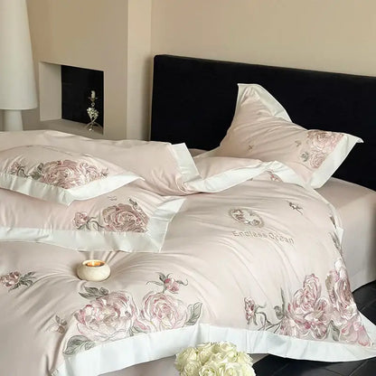 Pink & purple flowers embroidery bedding set bedroom egyptian cotton