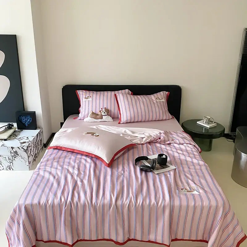 Pink & red striped cool lyocell fiber blanket set – bedroom dog decor