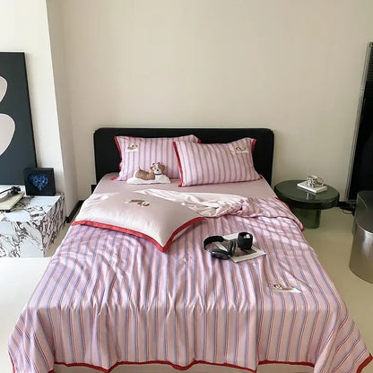 Pink & red striped cool lyocell fiber blanket set – bedroom dog decor
