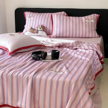 Pink & red striped cool lyocell fiber blanket set – bedroom dog decor