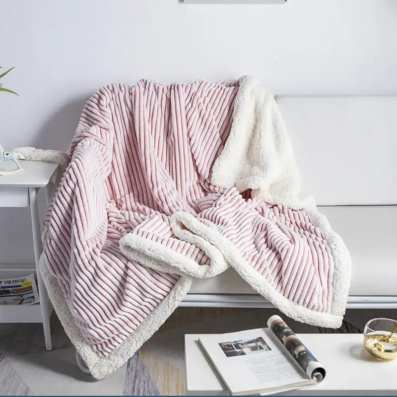 Pink ribbed plush throw blanket bedroom cozy nordic wool shawl