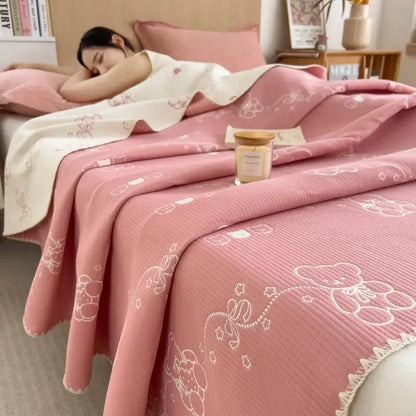 Pink ribbed teddy bear cotton towel blanket bedroom quilt