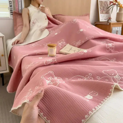 Pink ribbed teddy bear cotton towel blanket bedroom quilt