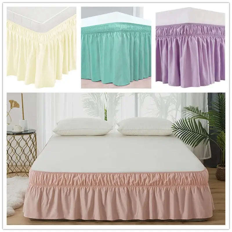 Pink ruffled elastic bed skirt bedroom solid color soft wrap around