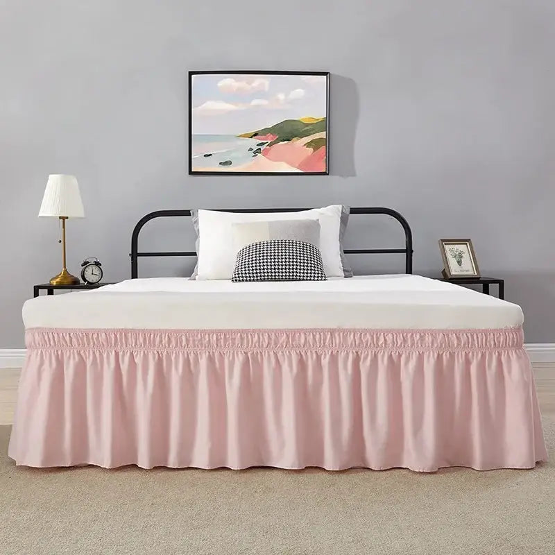 Pink ruffled elastic bed skirt bedroom solid color soft wrap around