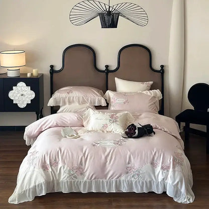 Pink satin egyptian cotton flowers bedding set bedroom lace ruffles