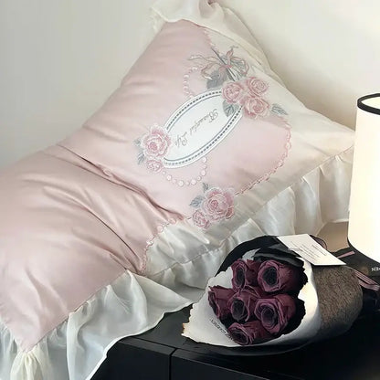 Pink satin egyptian cotton flowers bedding set bedroom lace ruffles
