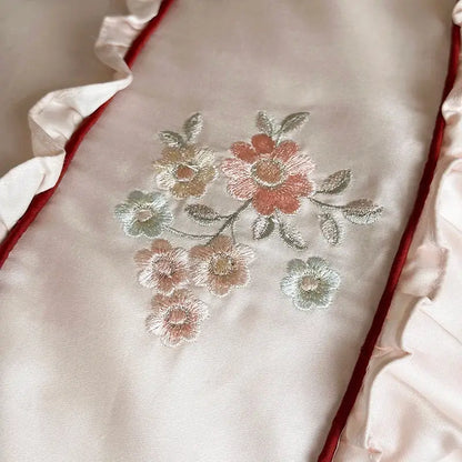 Pink satin embroidery lace ruffles bedding set bedroom cotton