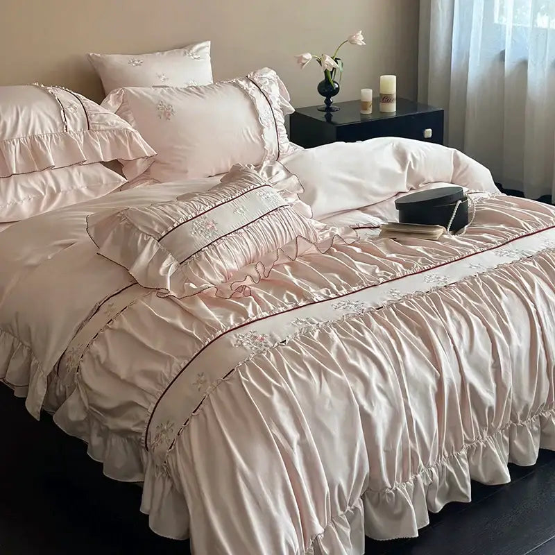 Pink satin embroidery lace ruffles bedding set bedroom cotton