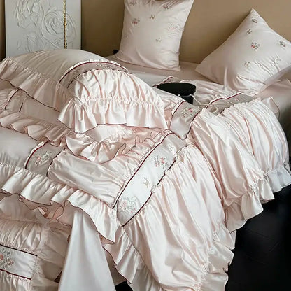 Pink satin embroidery lace ruffles bedding set bedroom cotton