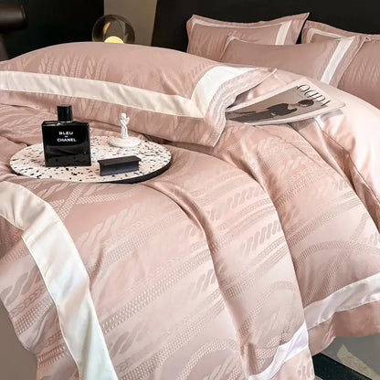Pink satin jacquard duvet cover set bedroom white piping