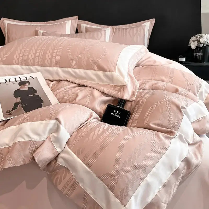 Pink satin jacquard duvet cover set bedroom white piping