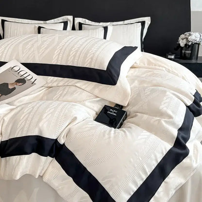 Pink satin jacquard duvet cover set bedroom white piping