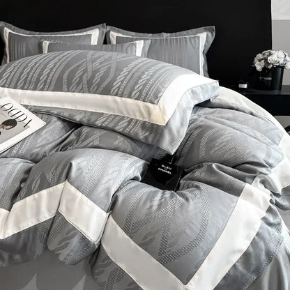 Pink satin jacquard duvet cover set bedroom white piping
