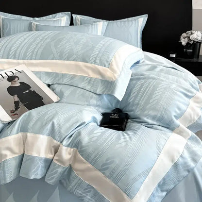 Pink satin jacquard duvet cover set bedroom white piping