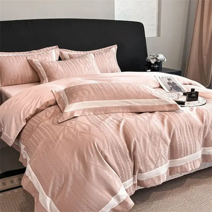 Pink satin jacquard duvet cover set bedroom white piping