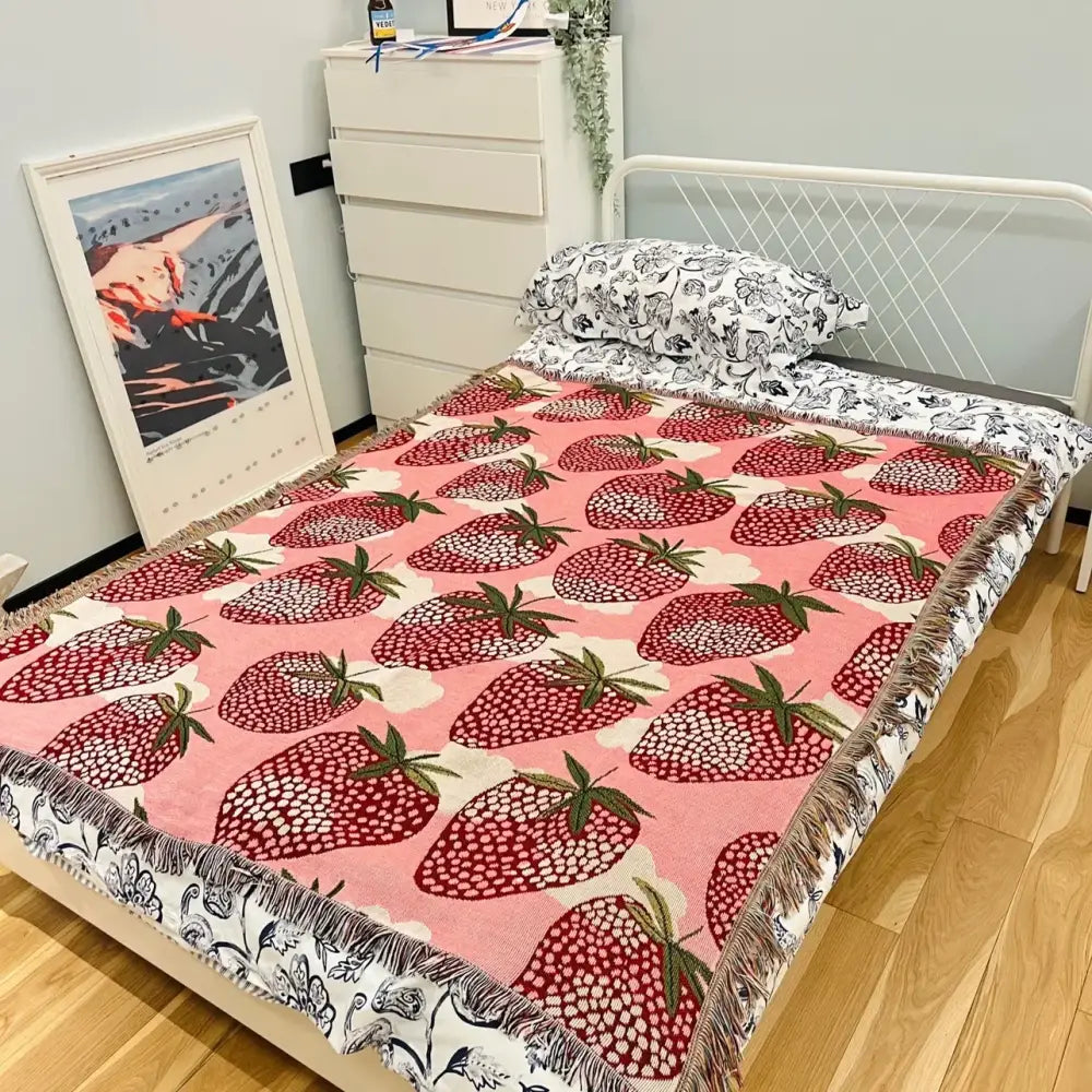 Pink strawberry knitted blanket bedroom sofa cover with tassels