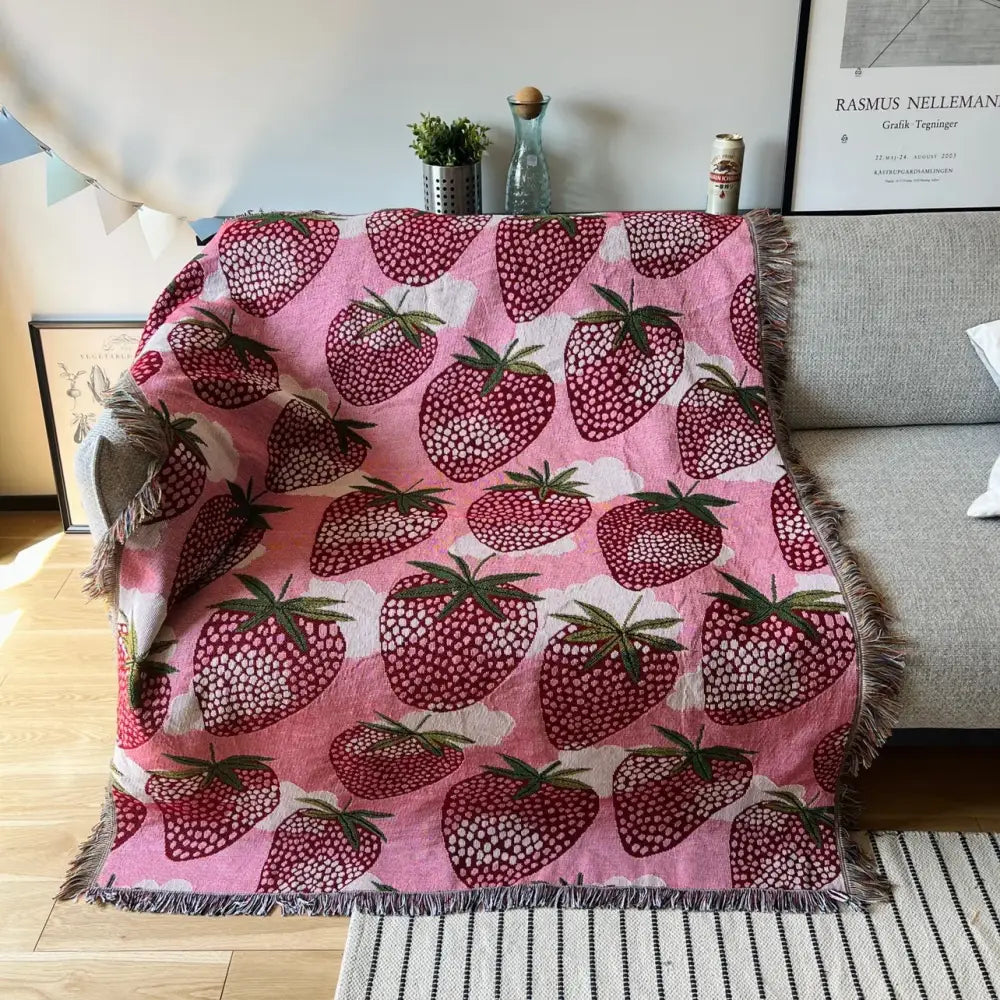 Pink strawberry knitted blanket bedroom sofa cover with tassels