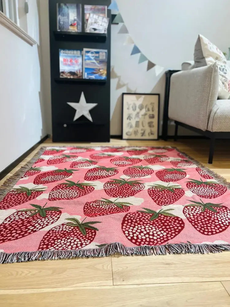 Pink strawberry knitted blanket bedroom sofa cover with tassels