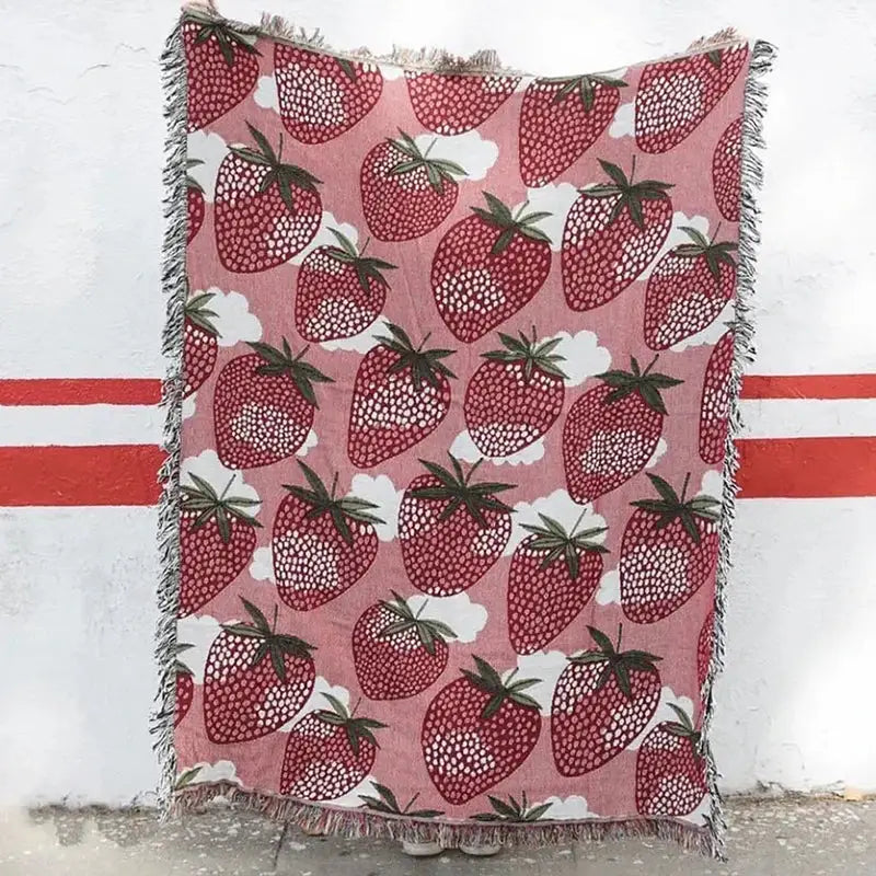 Pink strawberry knitted blanket bedroom sofa cover with tassels