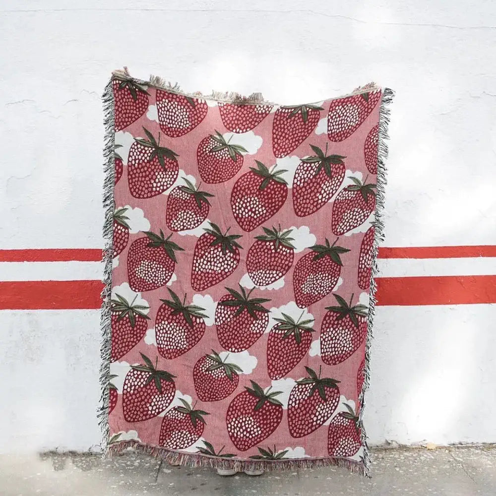 Pink strawberry knitted blanket bedroom sofa cover with tassels