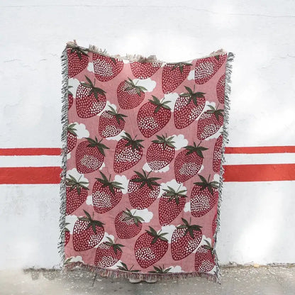 Pink strawberry knitted blanket bedroom sofa cover with tassels