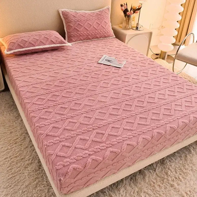 Pink textured cozy tafu fleece queen bed sheet bedroom bedspread