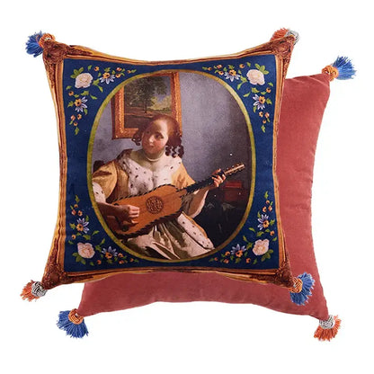 Pink tiger cat print velvet cushion cover living room tassels