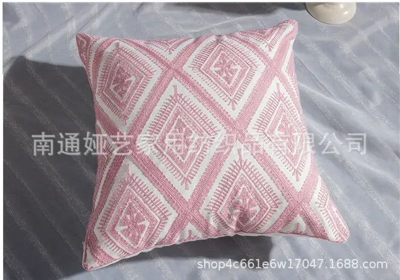 Pink & white cotton flower embroidered geometry pillow living room