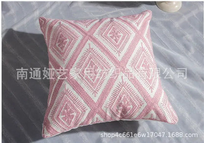 Pink & white cotton flower embroidered geometry pillow living room