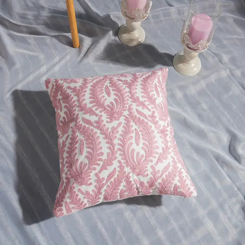 Pink & white cotton flower embroidered geometry pillow living room