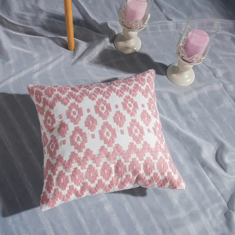Pink & white cotton flower embroidered geometry pillow living room